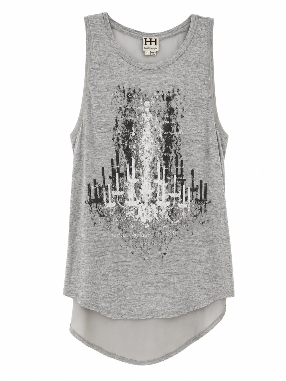 Haute Hippie Gray Mixed Media Model Chandelier Graphic Tank Top Sz L - Picture 1 of 5